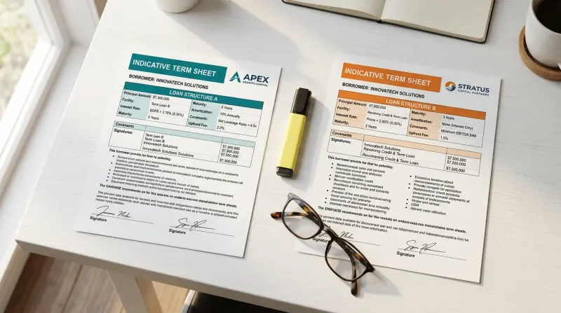 Two bridging loan quotes being compared side by side on a desk