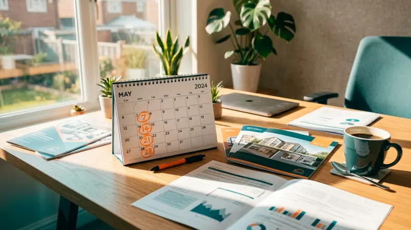 Calendar with key dates marked and property documents on an office desk