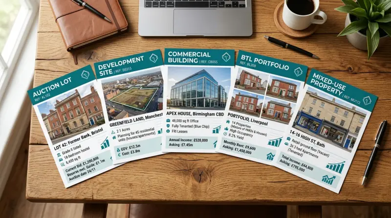 Five property cards laid out on a desk showing different specialist bridging scenarios from auction to portfolio