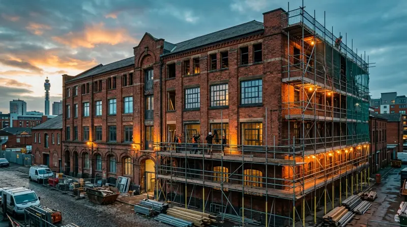 Victorian industrial building in Digbeth being converted into apartments with scaffolding visible