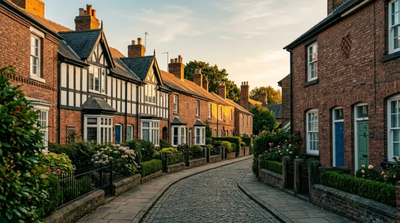 Victorian terraced street in Nantwich with period features and warm evening light