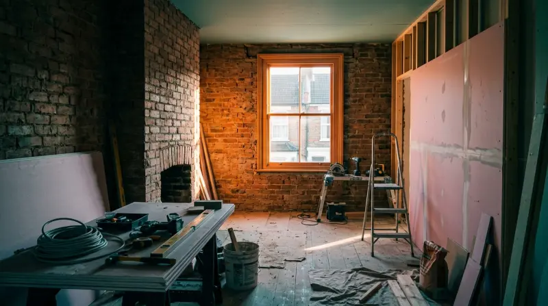 Interior of a buy-to-let property mid-refurbishment with construction materials