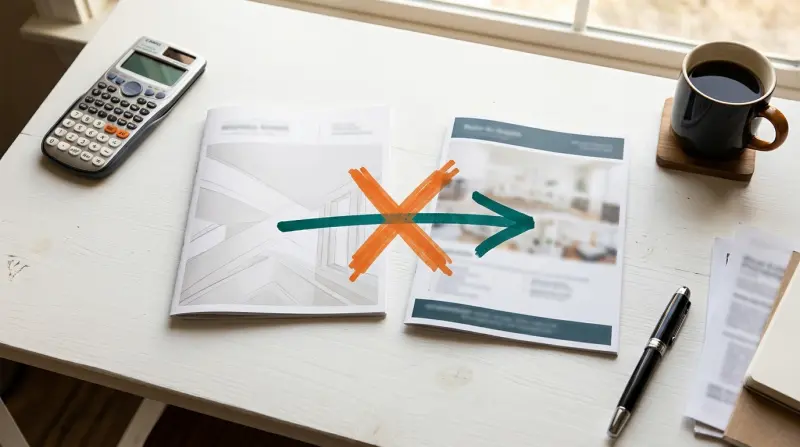 Two property listing brochures connected by a drawn arrow on a desk representing a property chain