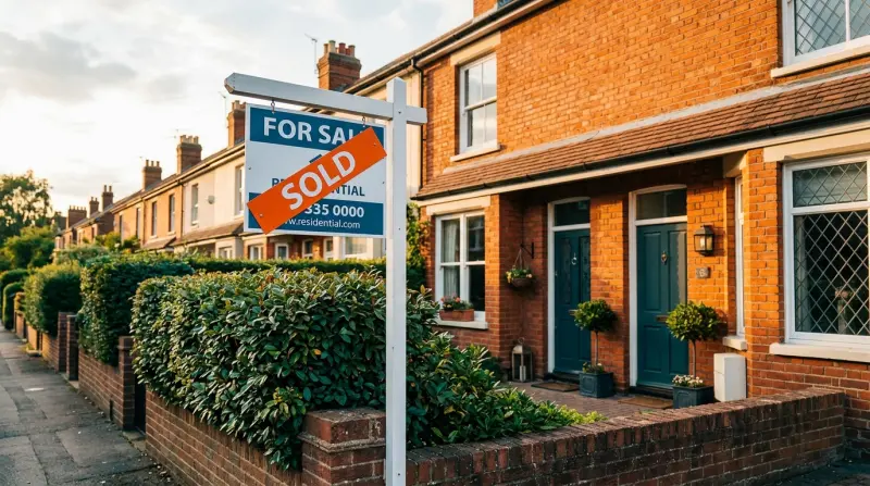 For sale sign with sold sticker outside a UK investment property representing successful chain resolution