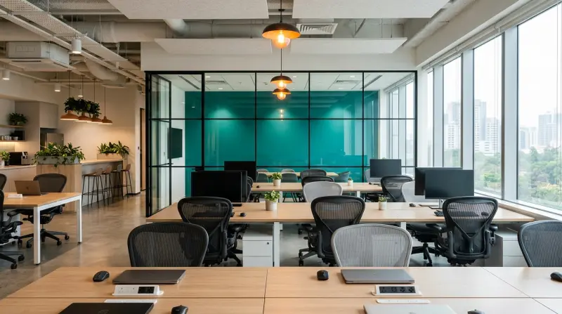 Interior of a modern serviced office suite with natural light and professional furnishings