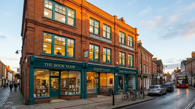 Mixed-use commercial building with retail ground floor and office upper floors on a UK high street