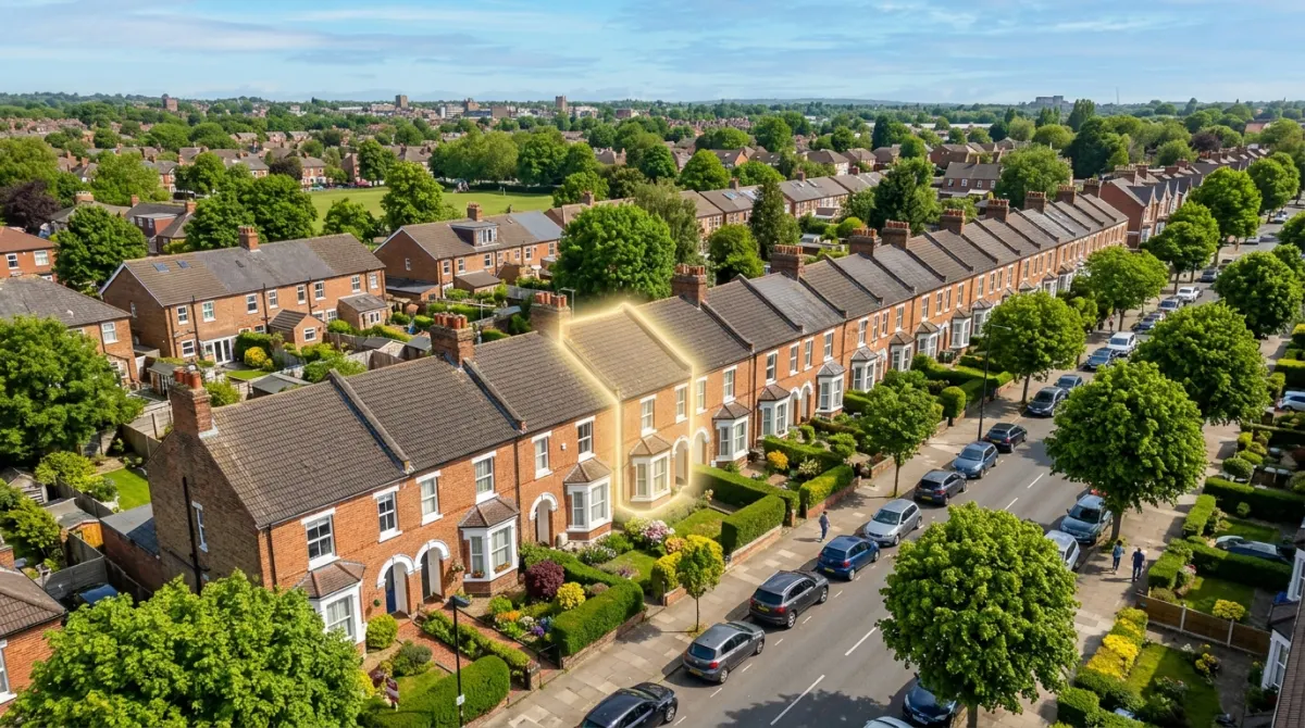 Aerial view of investment properties on a residential street with golden equity glow