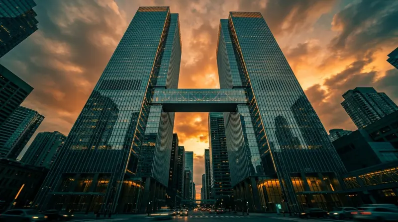 Two modern buildings connected by a glass skybridge at sunset
