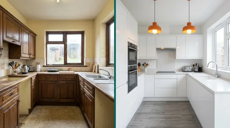 Before and after comparison of a renovated kitchen in a UK investment property
