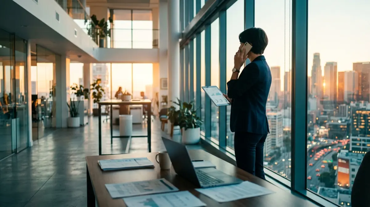 Broker reviewing a bridging case on a tablet at a modern desk