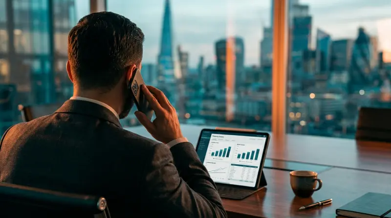 Broker on a phone call at a modern desk reviewing a property finance case on a tablet