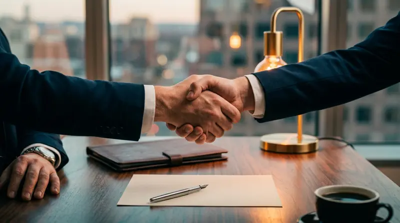 Handshake closing a broker case across a modern desk with leather portfolio and brass lamp
