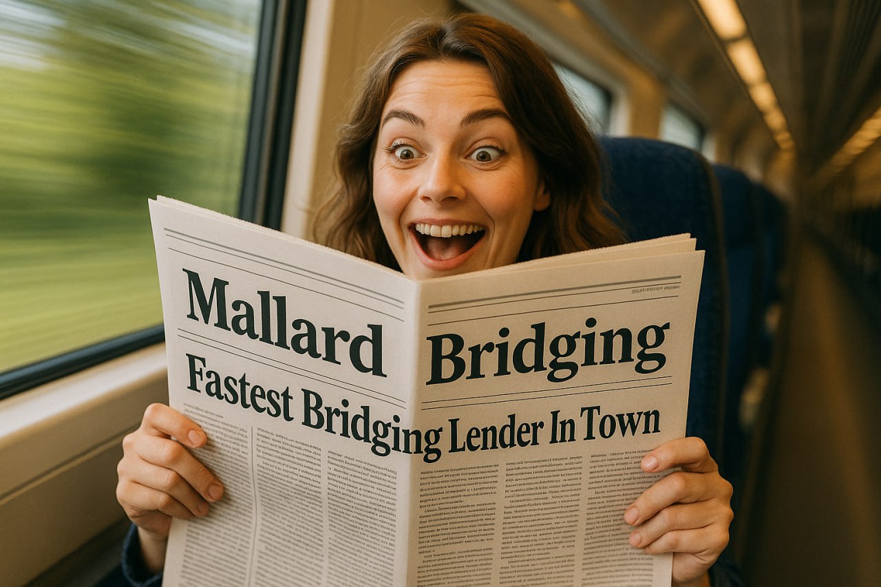 Woman excitedly reading newspaper headline about Mallard Bridging being the fastest bridging lender