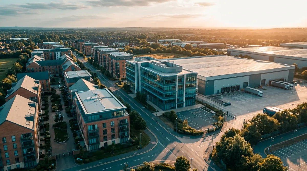 Aerial golden-hour view of a diverse English property portfolio reading left to right as residential apartments, a glass-fronted office building and a modern logistics warehouse