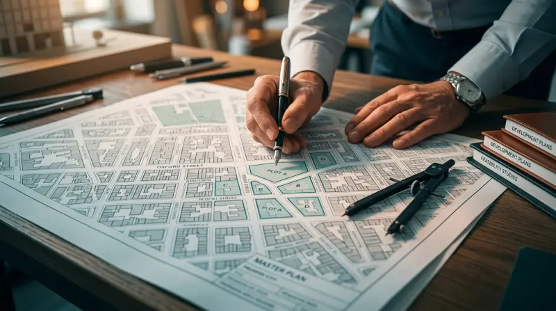 Architect's table with a property portfolio map and planning instruments laid out under directional studio lighting representing portfolio-scale underwriting