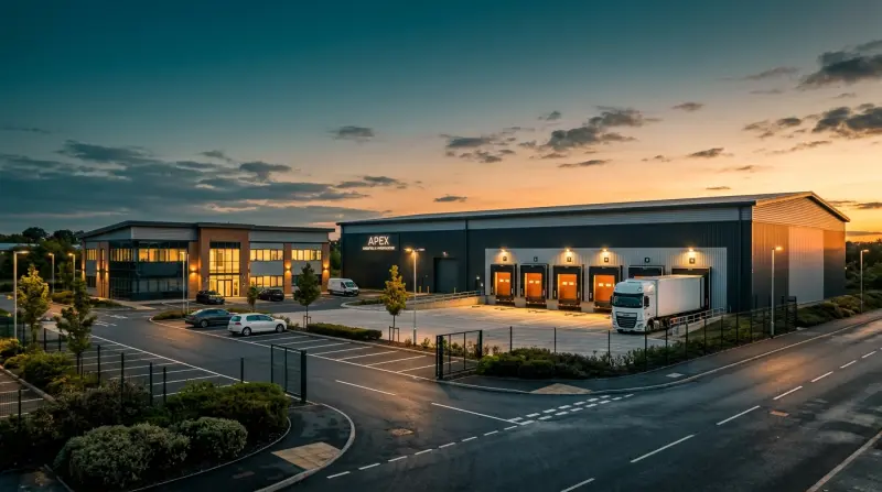 UK industrial estate at dusk with a logistics warehouse and small business park unit catching warm sunset light against a teal sky