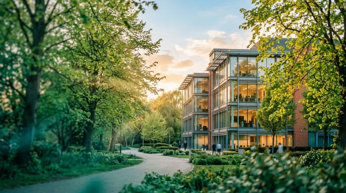 Fresh spring foliage with golden light over a modern commercial property - Mallard Bridging Spring Offer 2026