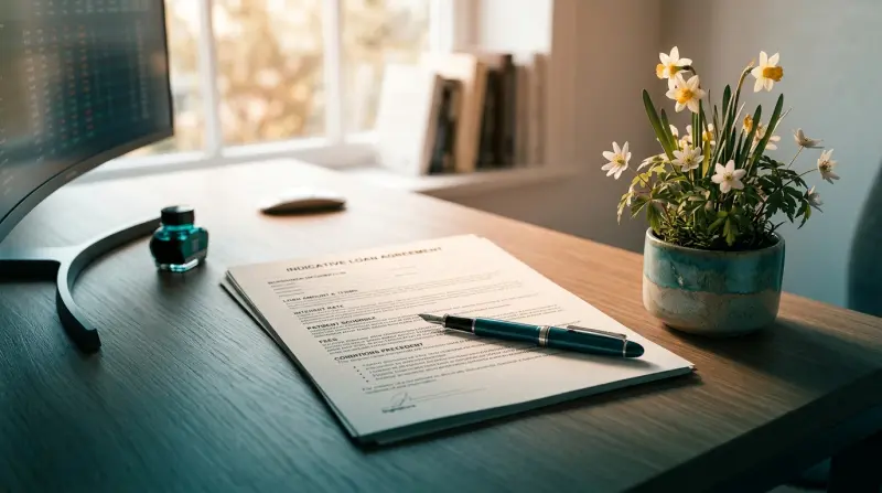 Bridging loan quote document on a desk with fountain pen and spring plant